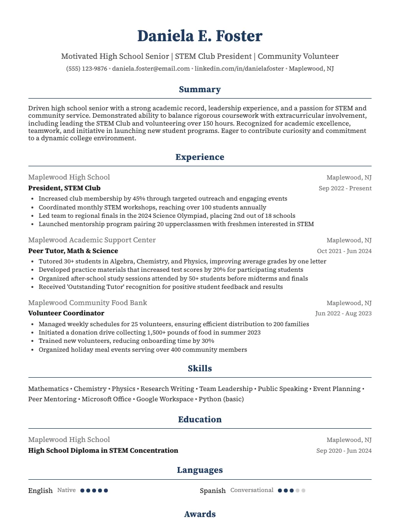 High School Student Applying to College Resume Example