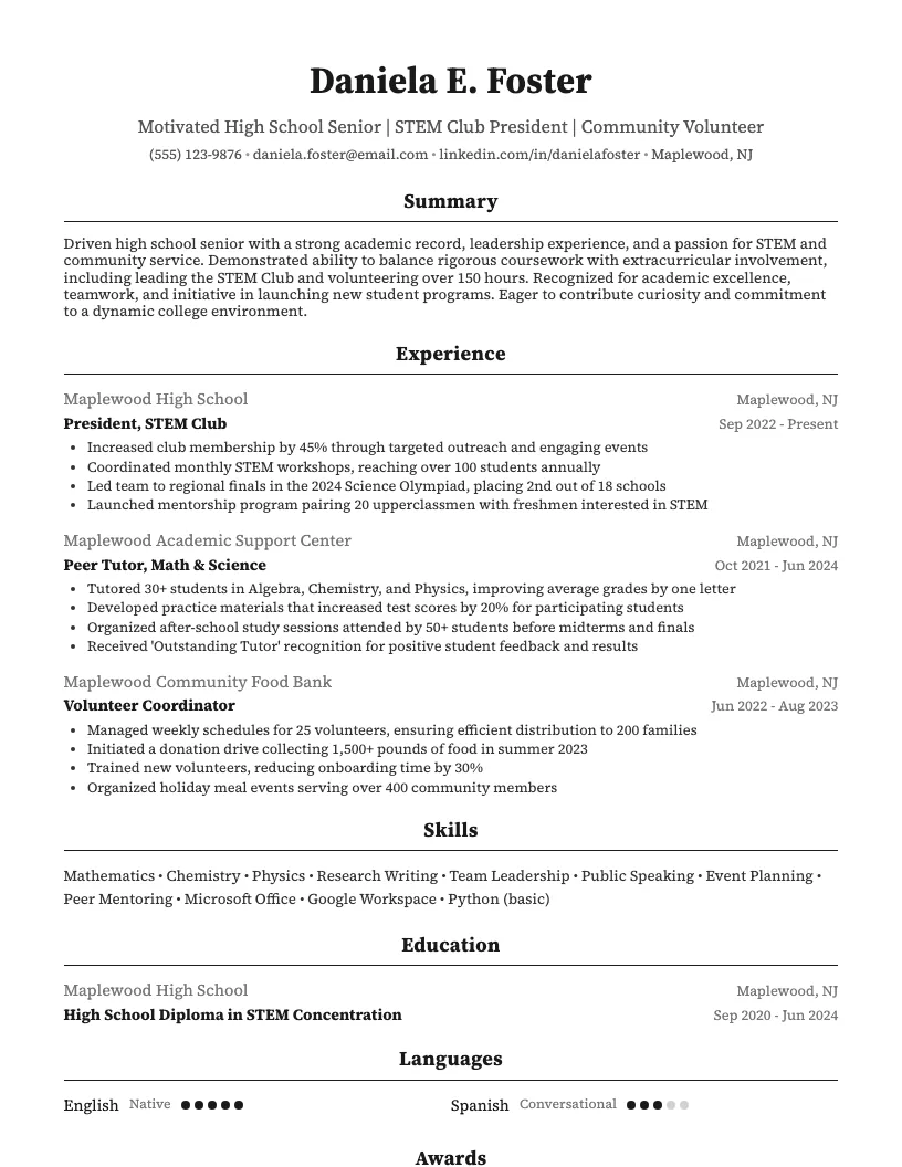 High School Student Applying To College Resume Example