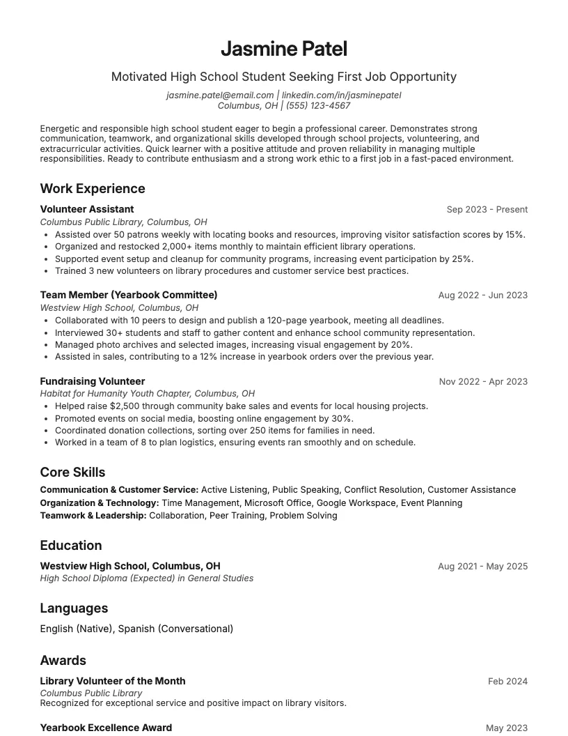 High School Student First Job Resume Example