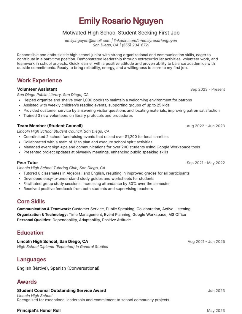 High School Student Resume for First Job Resume Example