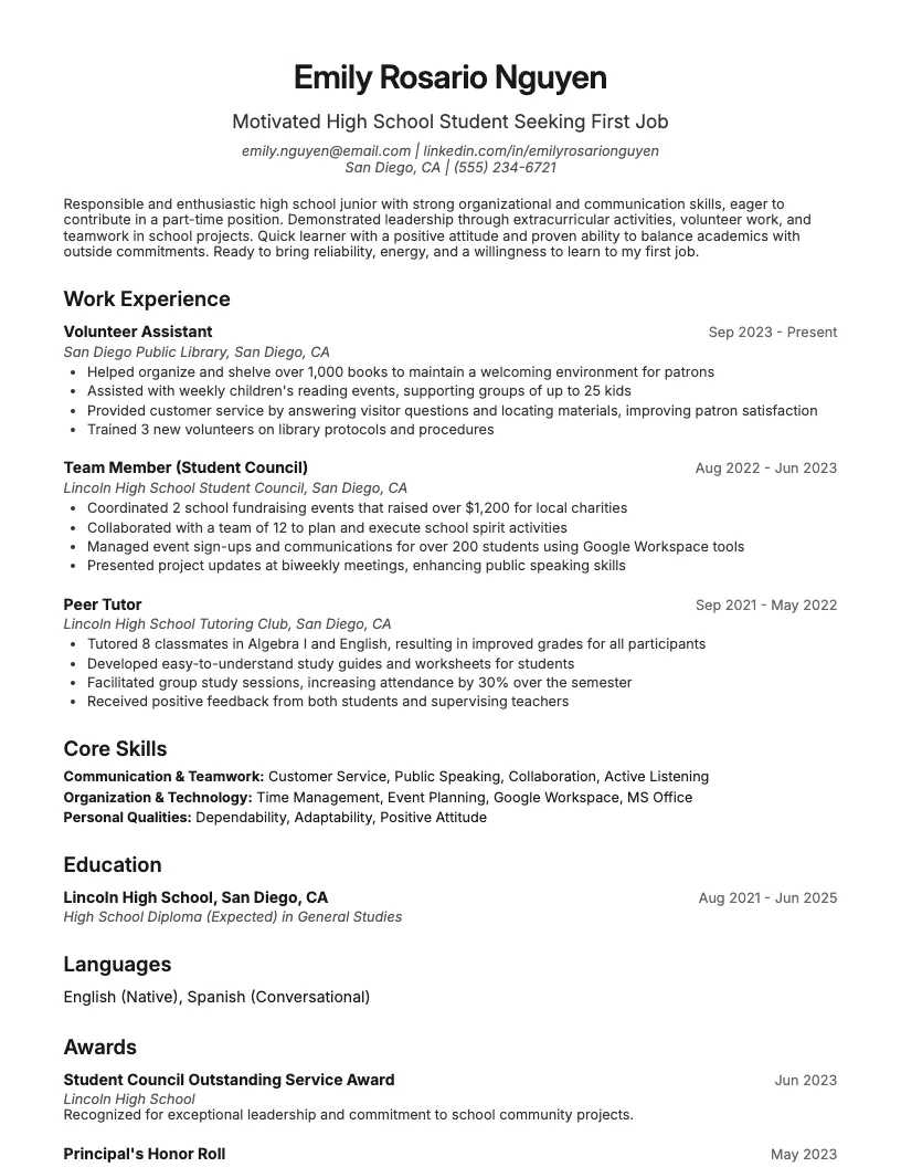 High School Student Resume For First Job Resume Example