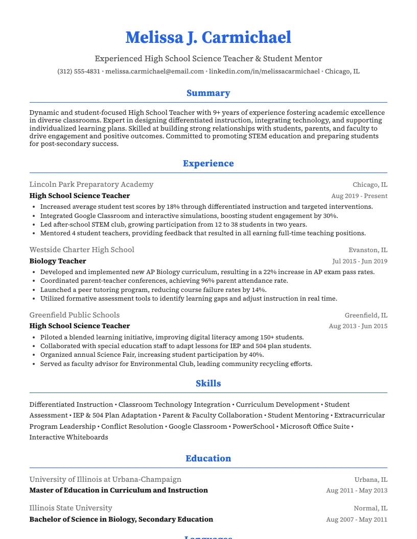 High School Teacher Resume Resume Example