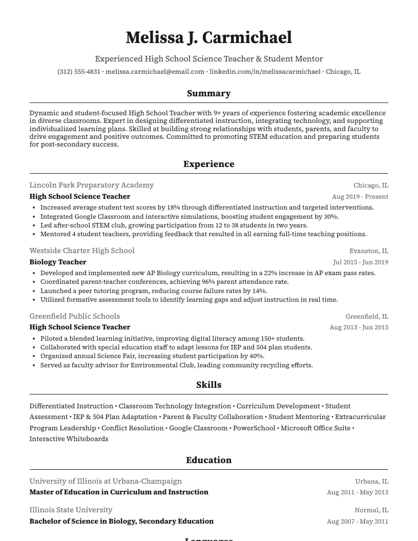 High School Teacher Resume Resume Example