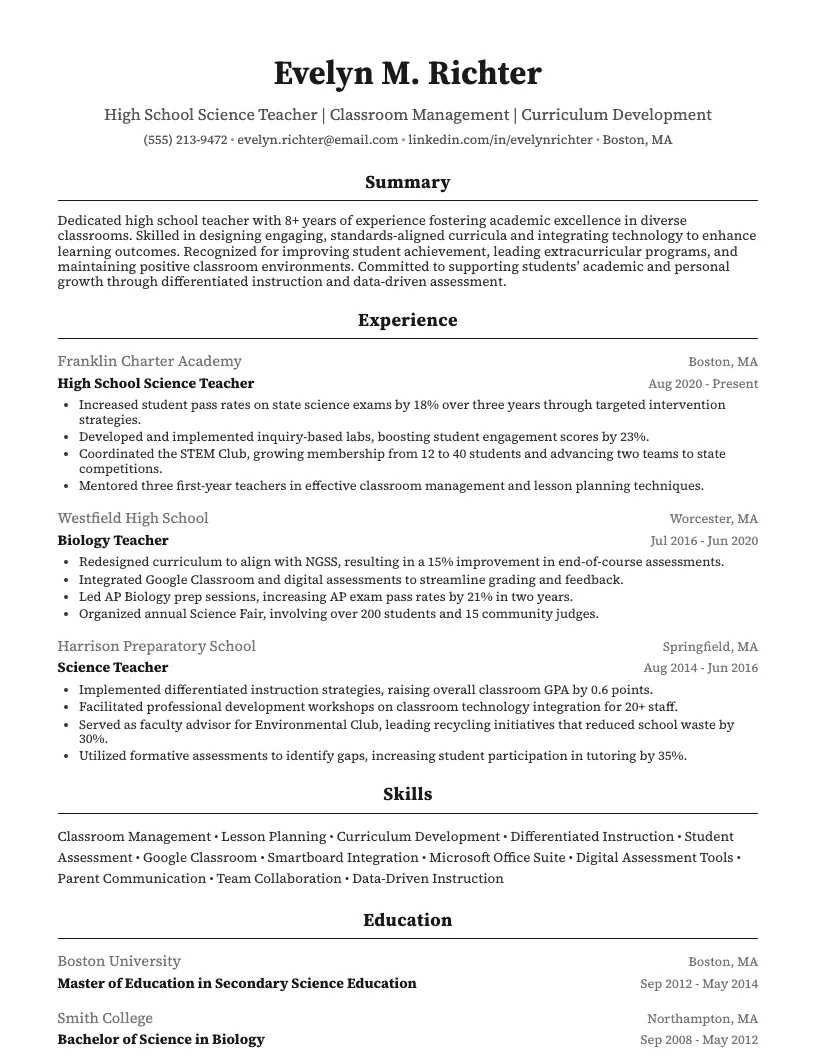 High School Teacher Resume Example