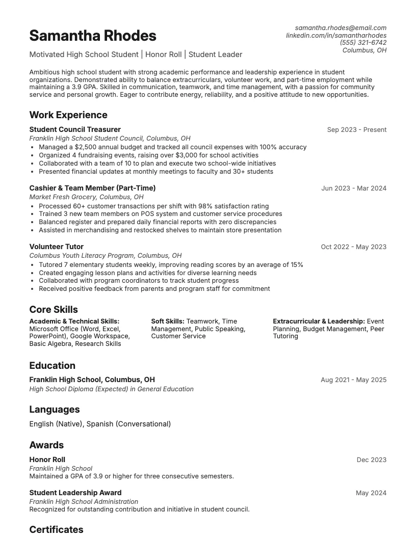 High School Resume Example