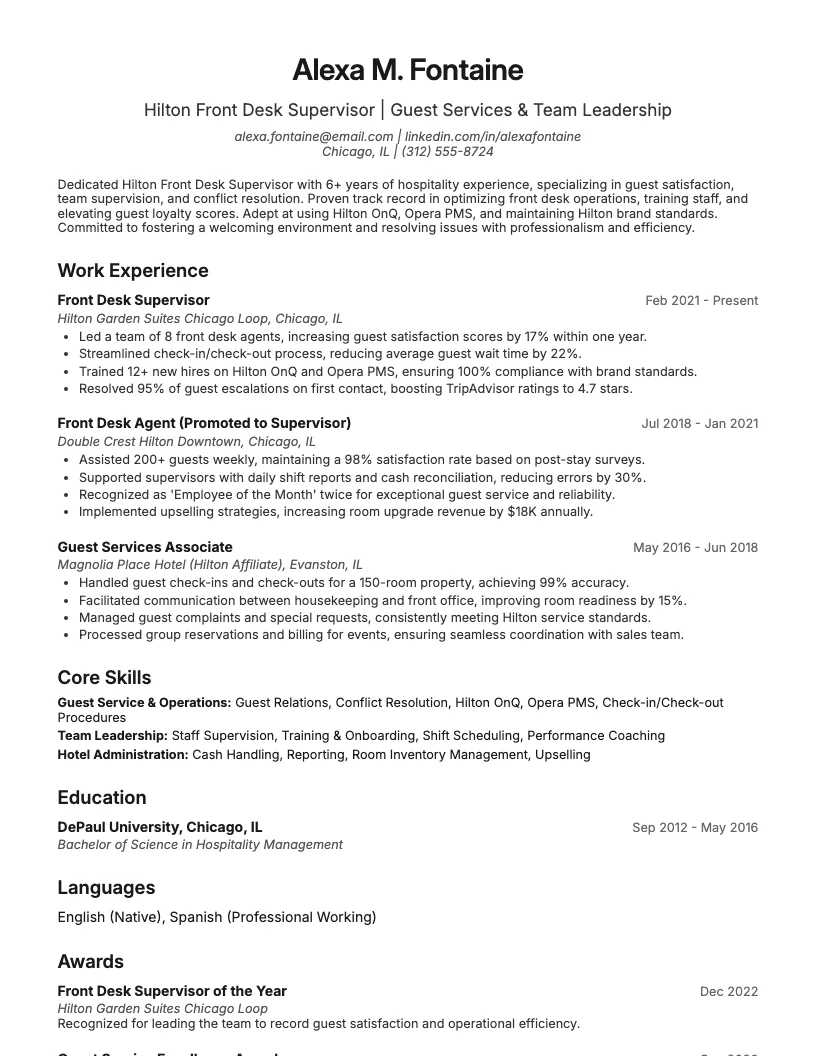 Hotel Front Desk Supervisor Resume Example