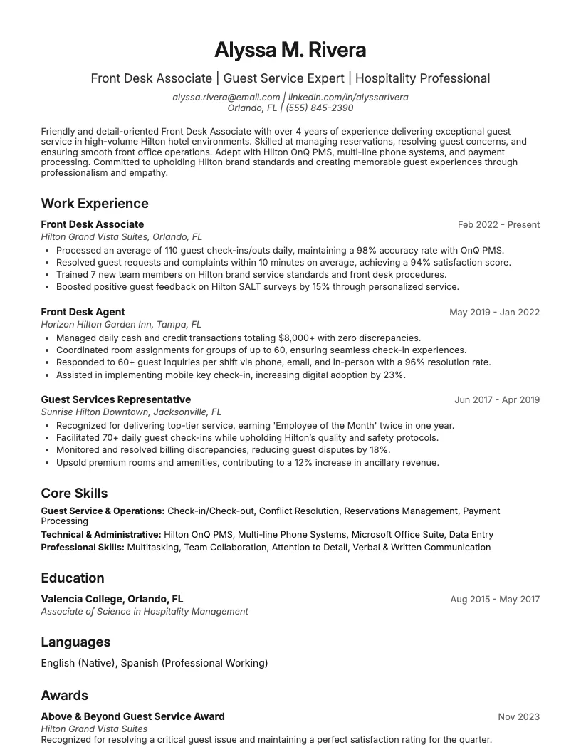 Hilton Front Desk Resume Example