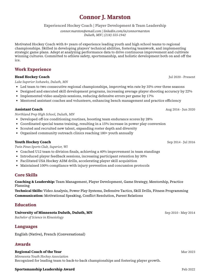 Hockey Coach Resume Example