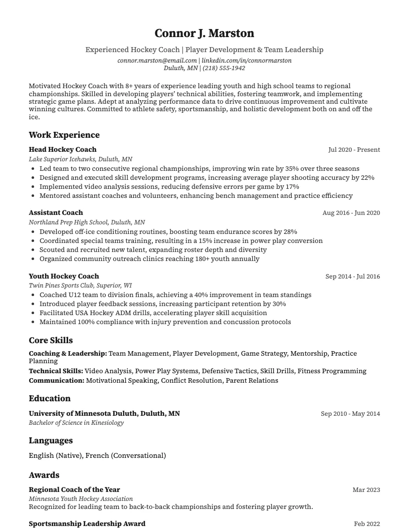 Hockey Coach Resume Example