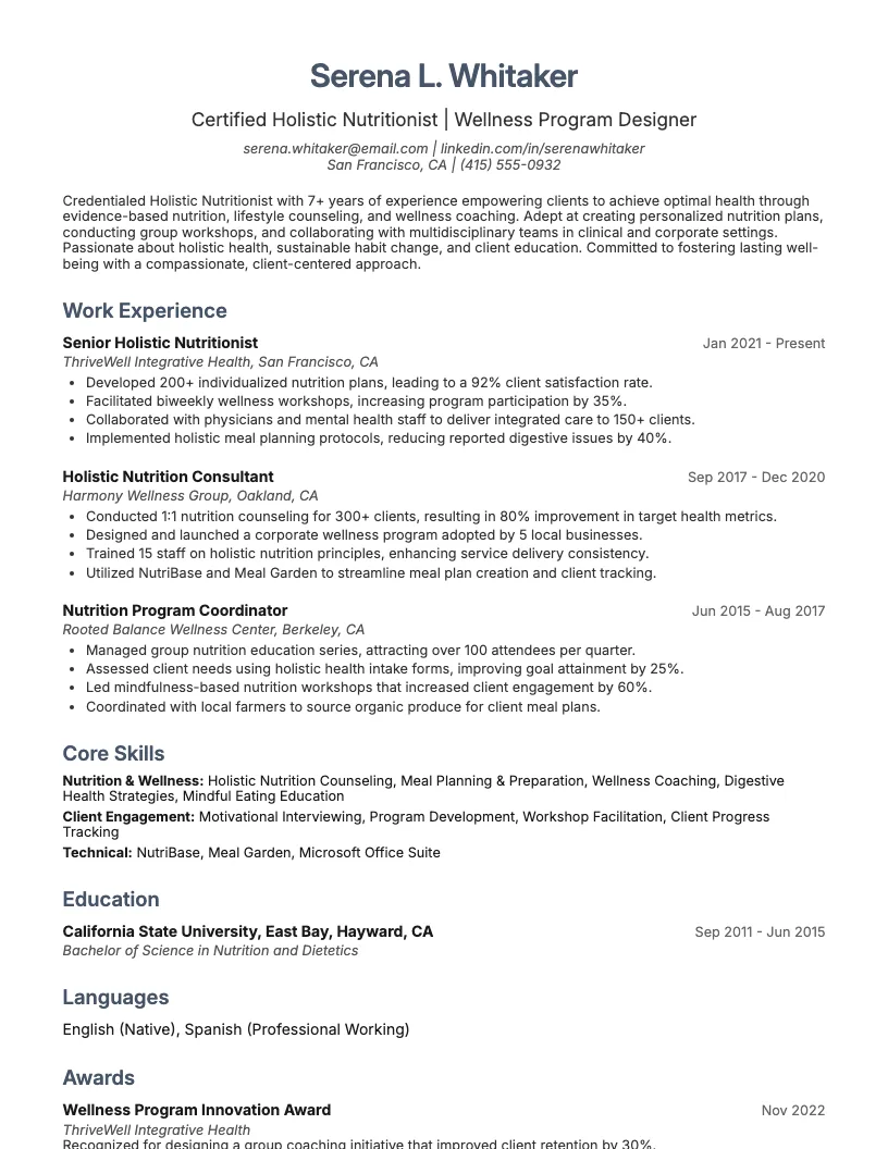 Holistic Nutritionist Resume Example