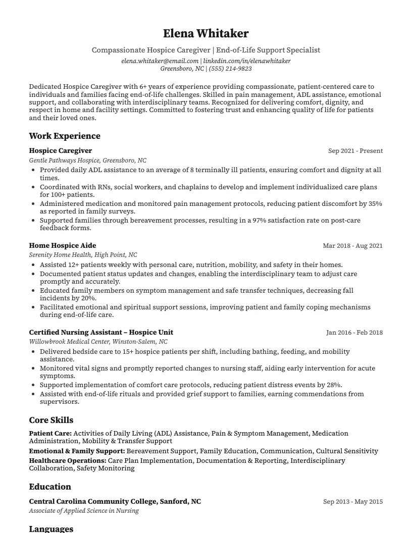Hospice Caregiver Resume Example
