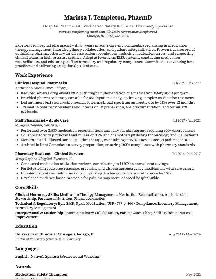 Hospital Pharmacist Resume Example