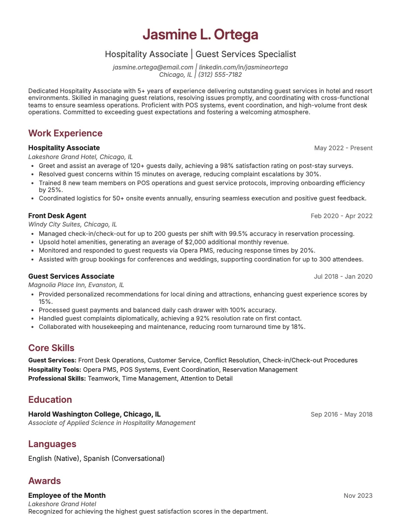 Hospitality Associate Resume Example