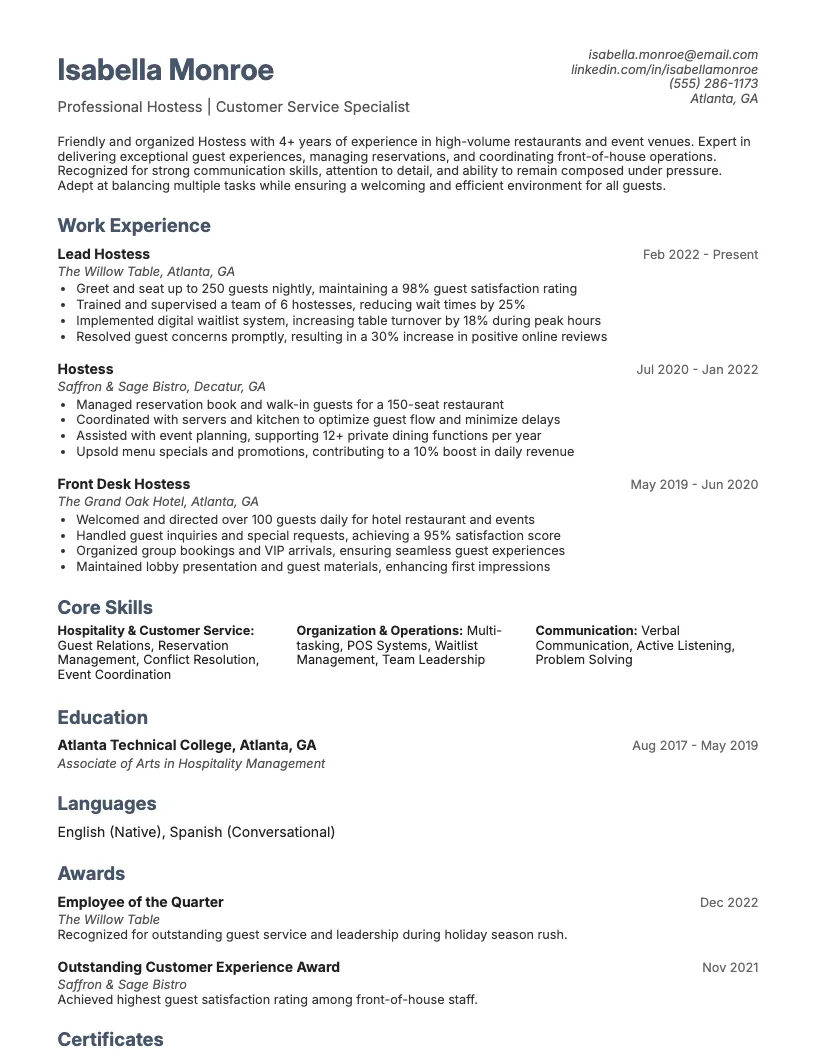 Guest Services Host Resume Example