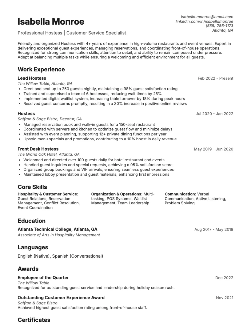 Hostess Resume Example