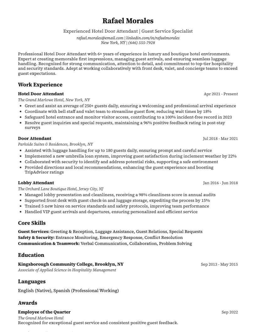 Hotel Door Attendant Resume Example