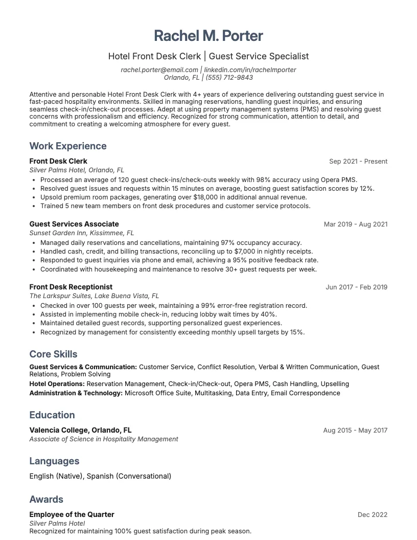 Hotel Front Desk Clerk Resume Example