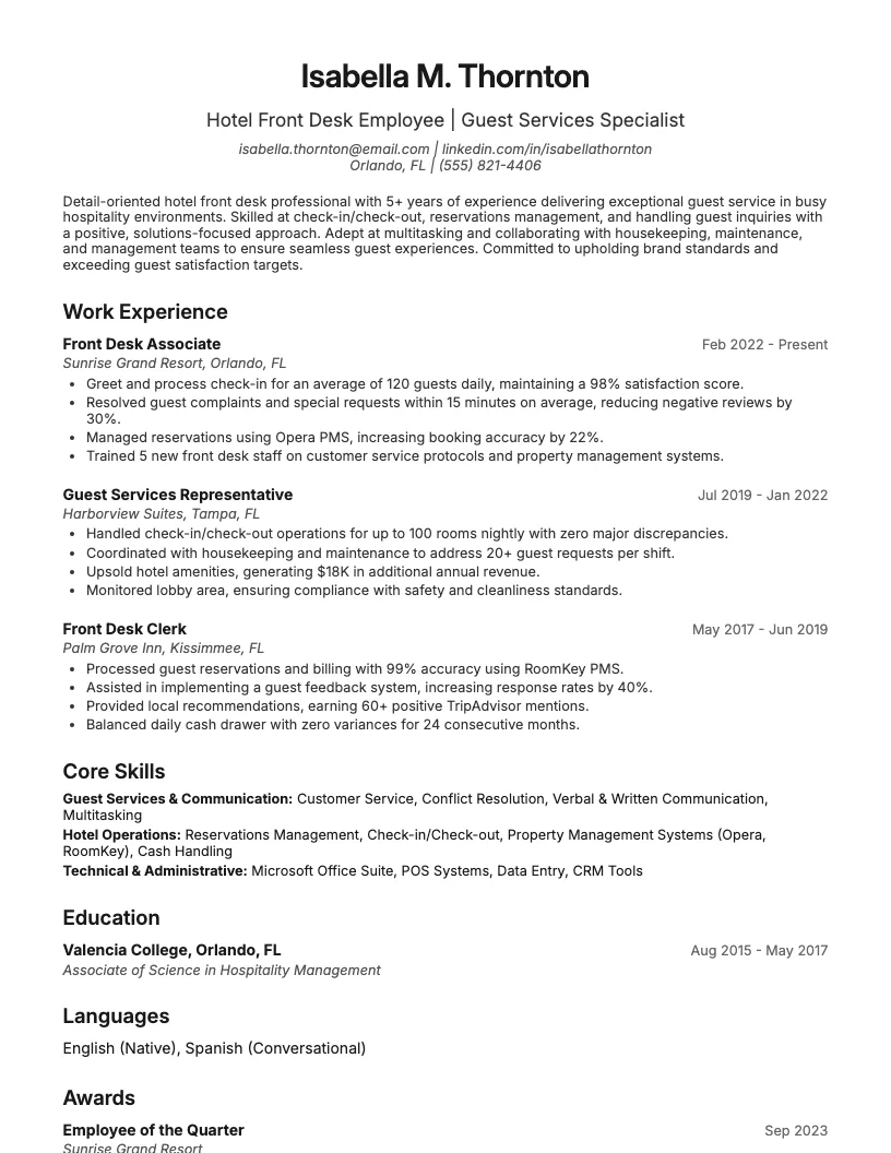 Hotel Front Desk Employee Resume Example