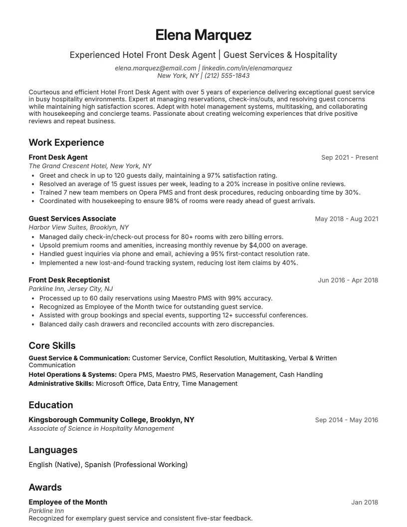 Hotel Front Desk Resume Example