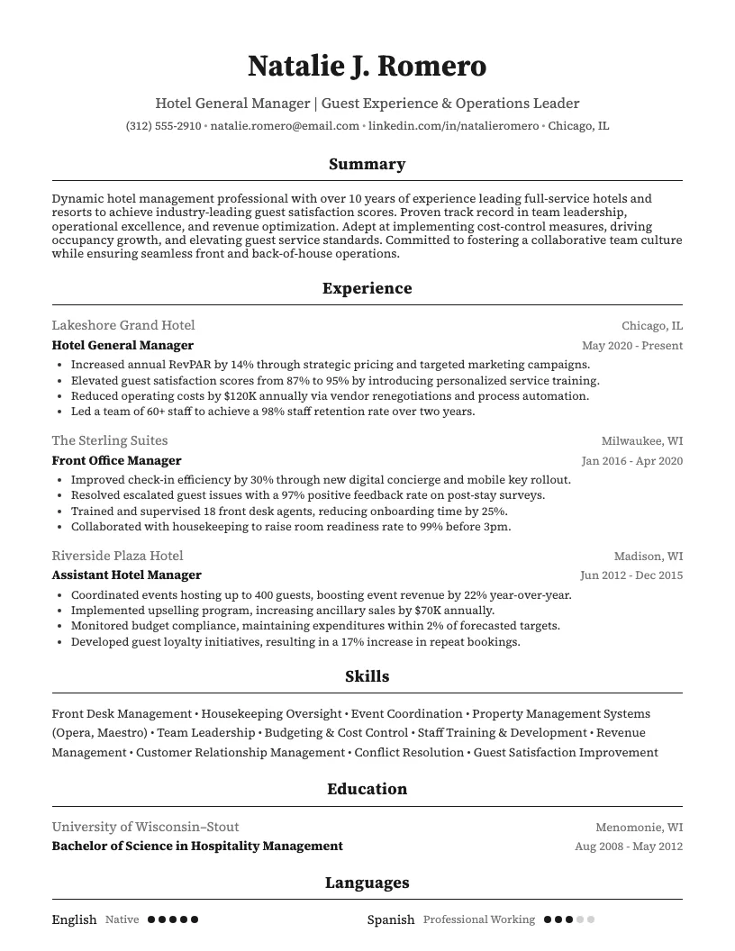 Hotel Management Resume Example