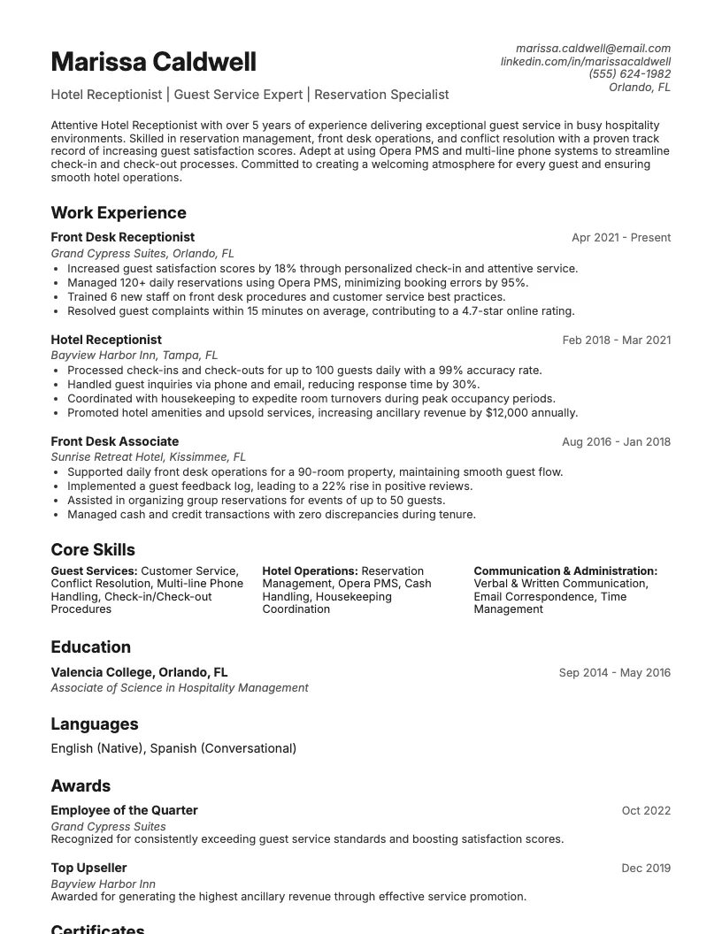 Hotel Desk Clerk Resume Example