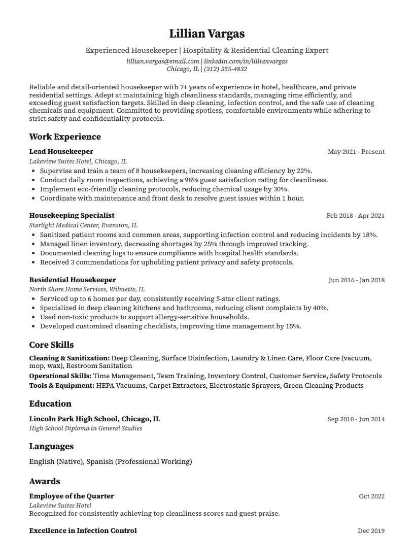 Housekeeper Resume Example