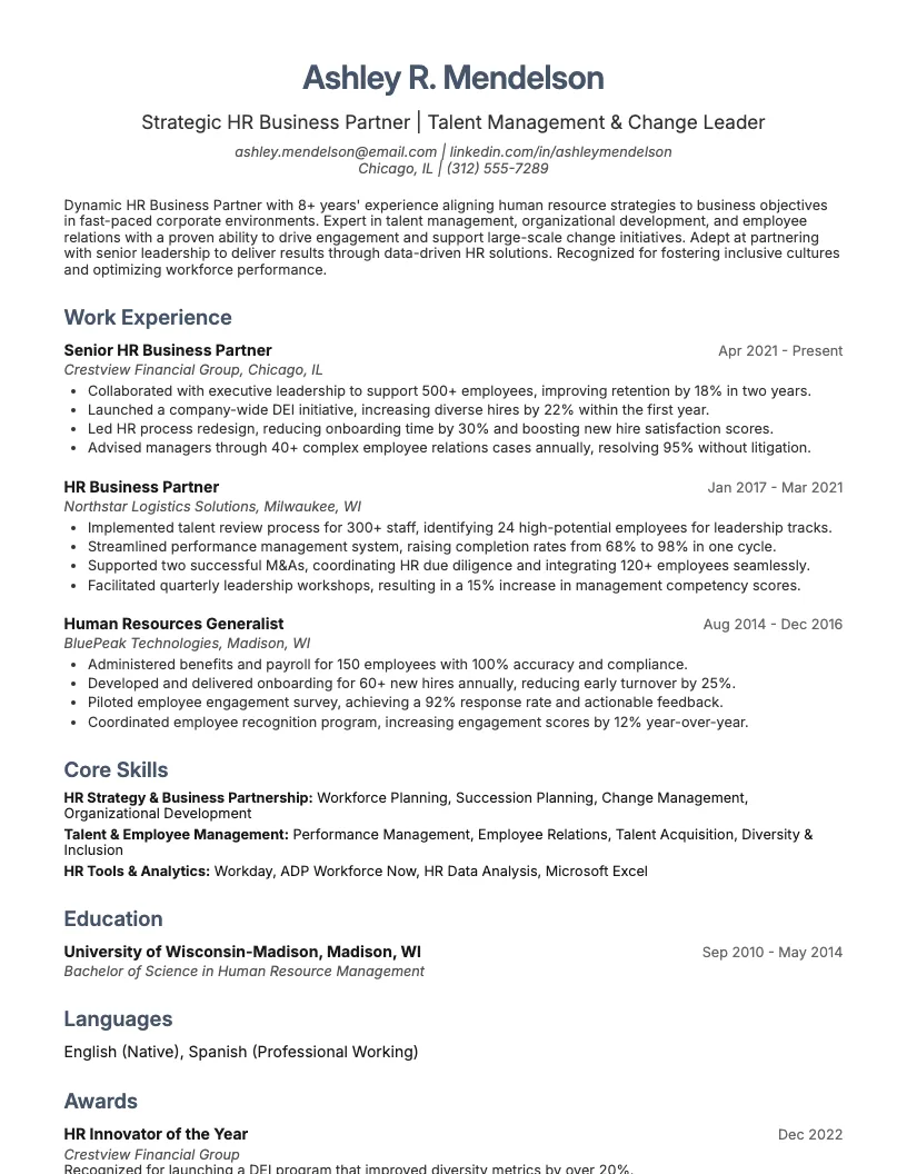 HR Business Partner Resume Example