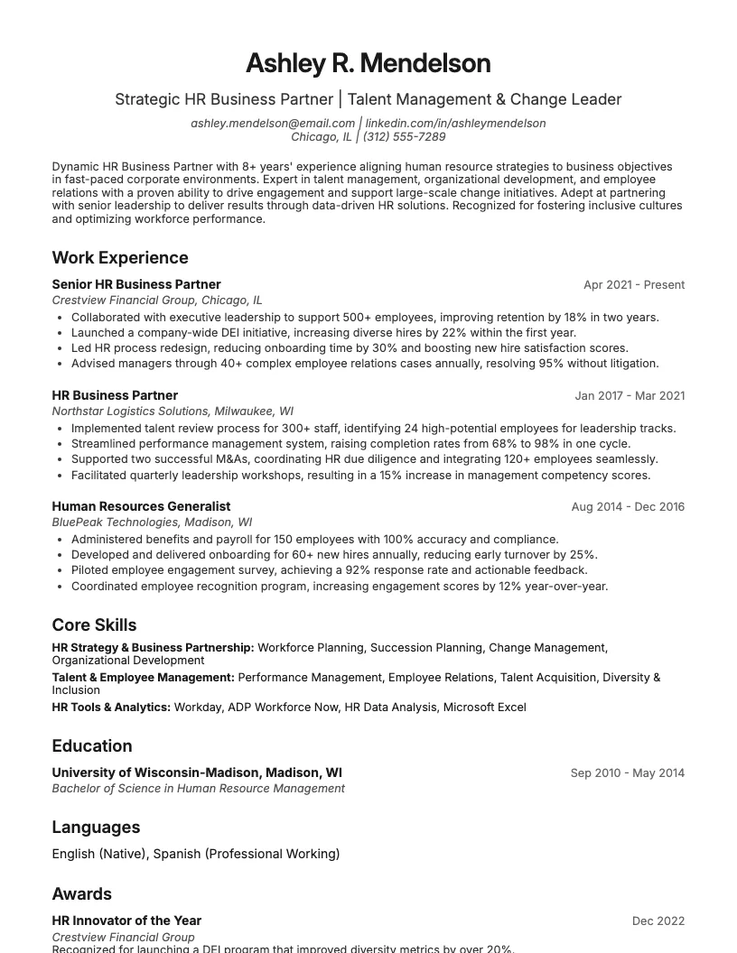 Hr Business Partner Resume Example