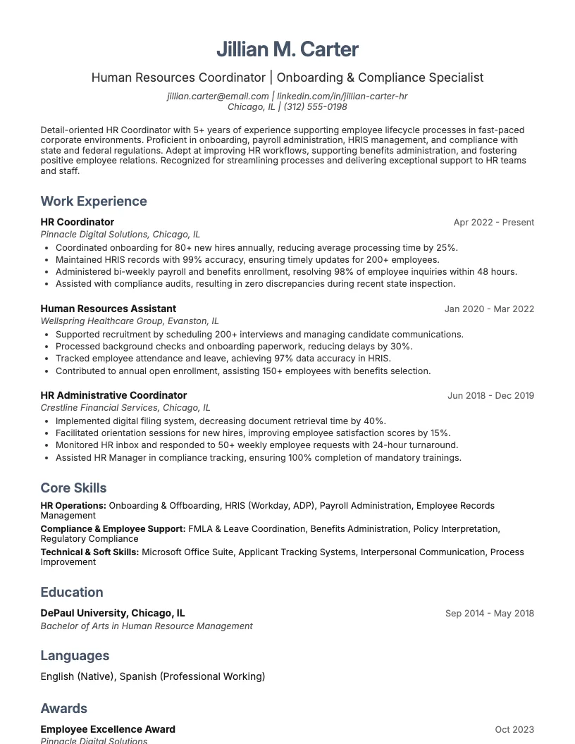 HR Coordinator Resume Example