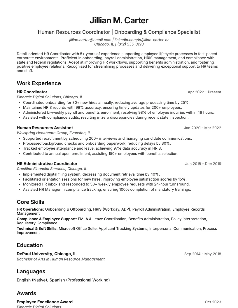 Hr Coordinator Resume Example