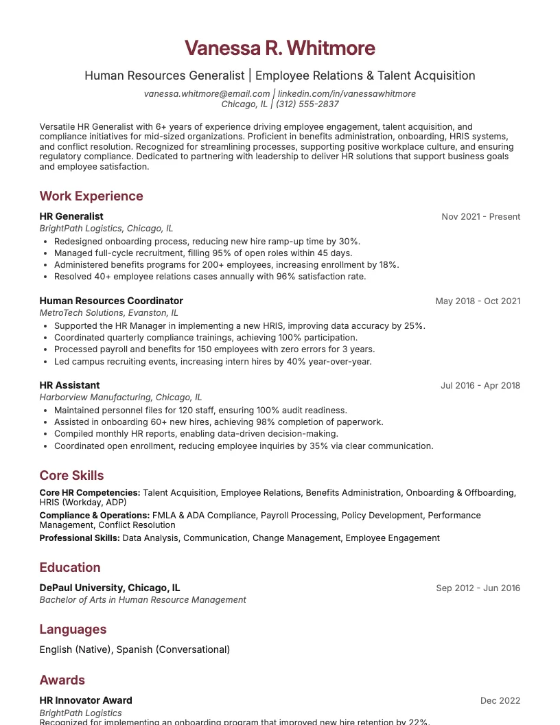 HR Generalist Resume Example