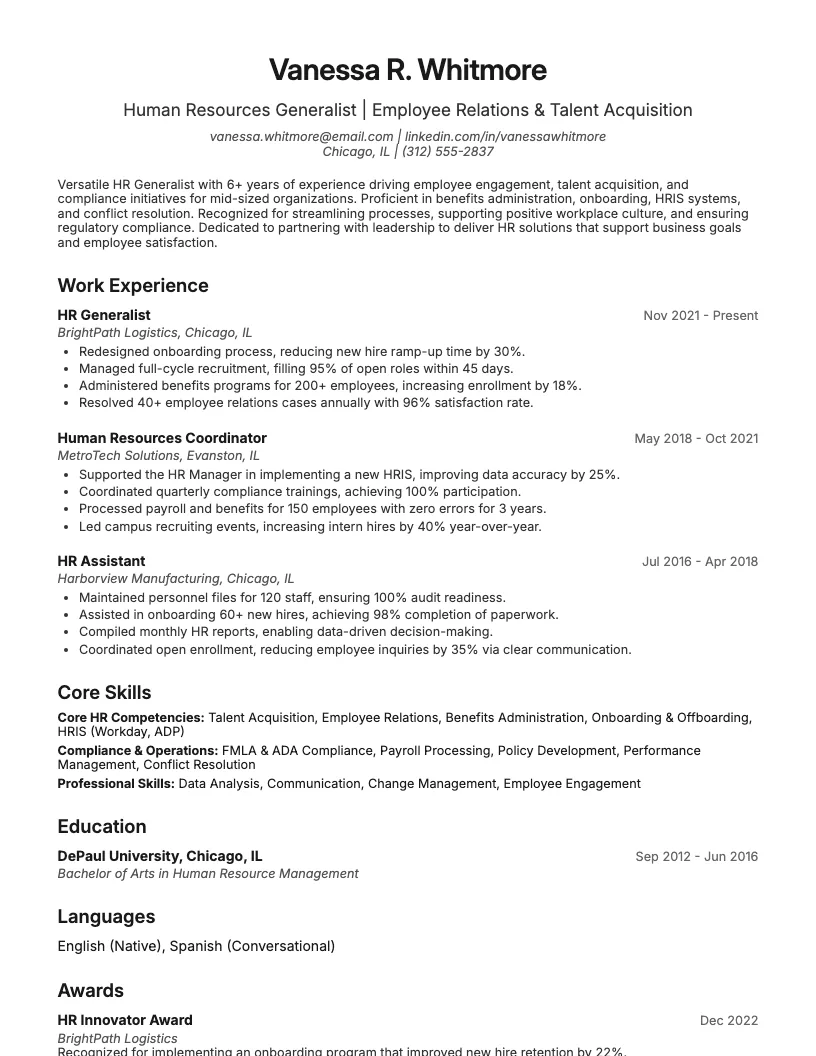 HR Generalist Resume Example