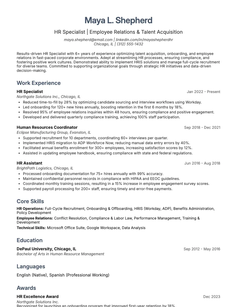 Hr Specialist Resume Example