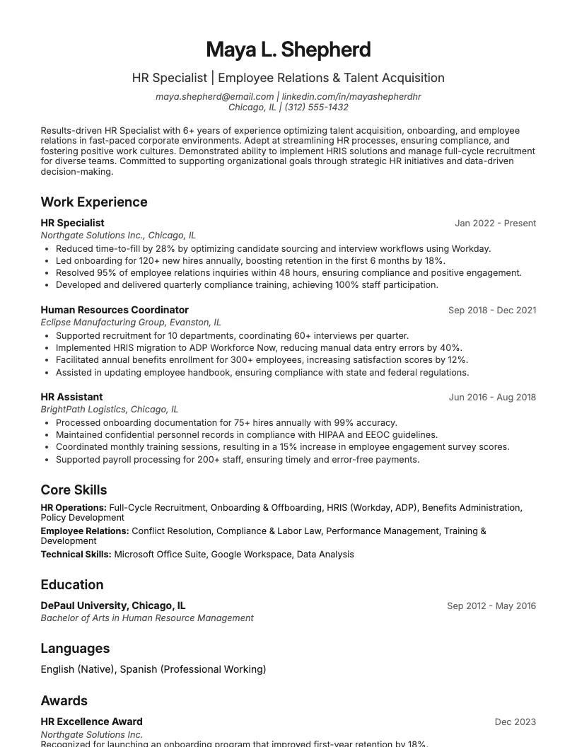 HR Specialist Resume Example