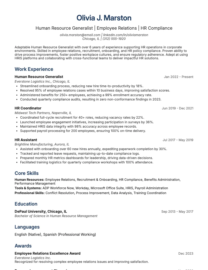 Human Resource Generalist Resume Example
