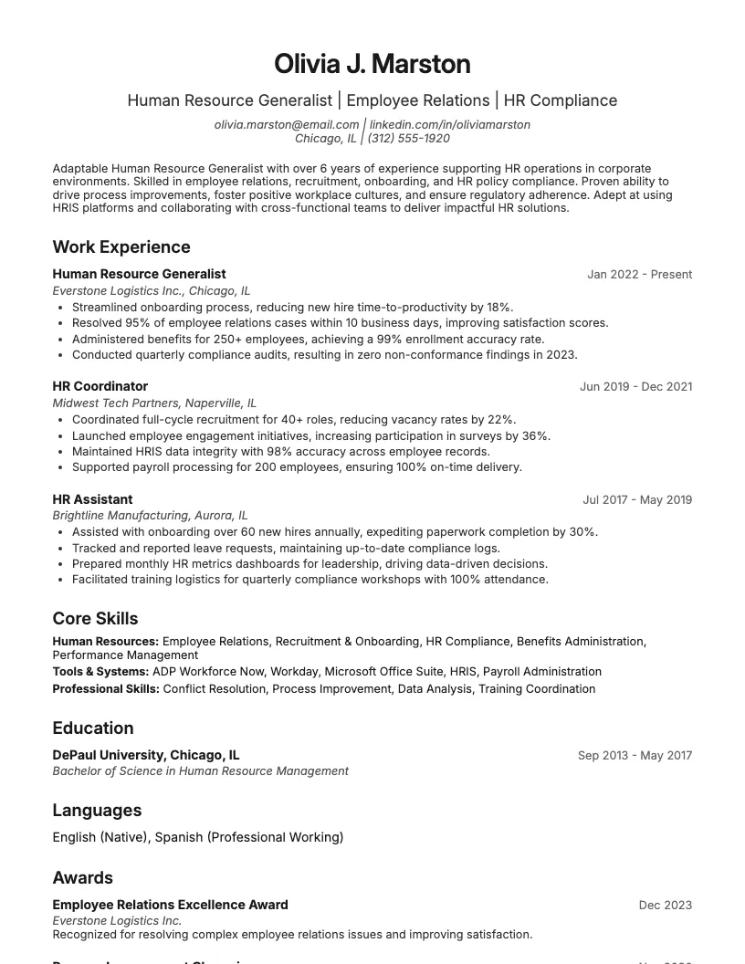 Human Resource Generalist Resume Example