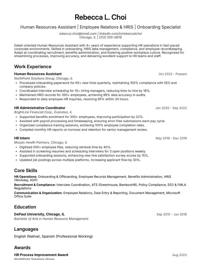 Human Resources Assistant Resume Example