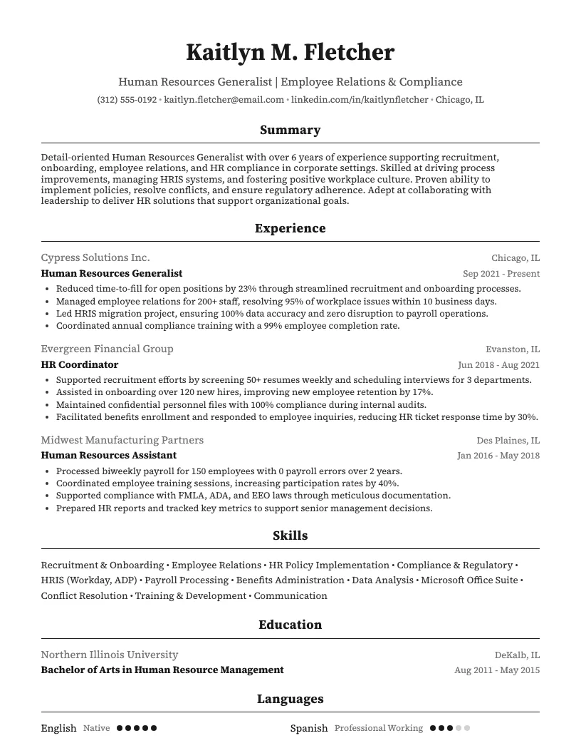 Human Resources Generalist Resume Example
