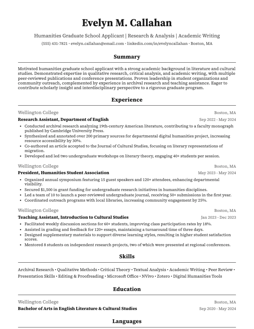 Humanities Graduate School Applicant Resume Example