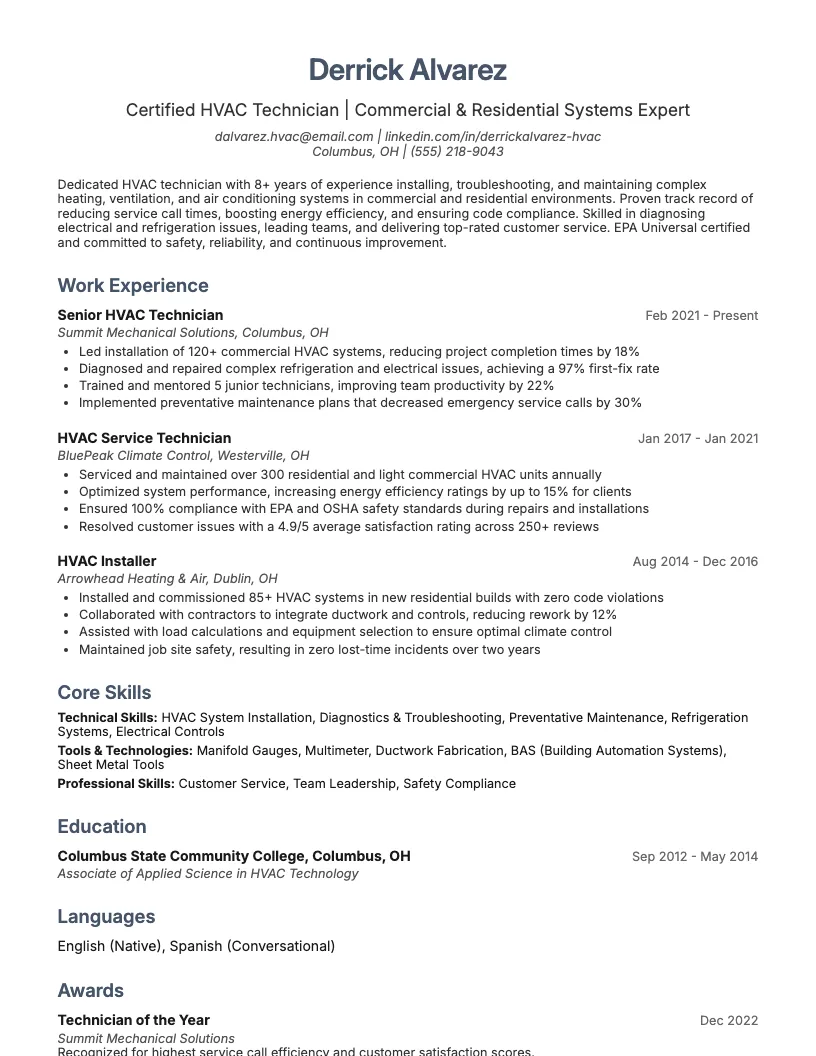 HVAC Installer Resume Example