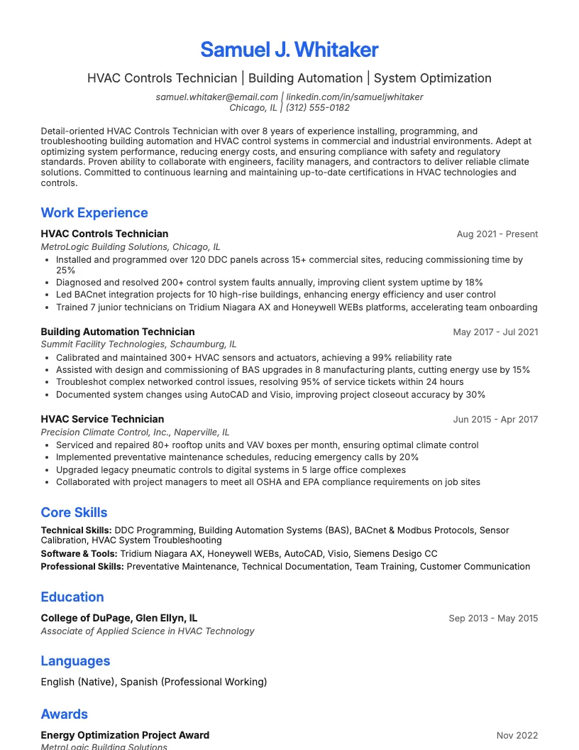 Hvac Controls Technician Resume Example