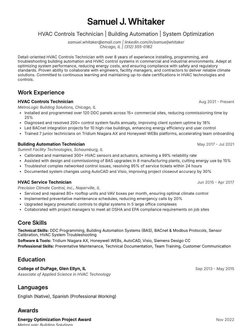 Hvac Controls Technician Resume Example
