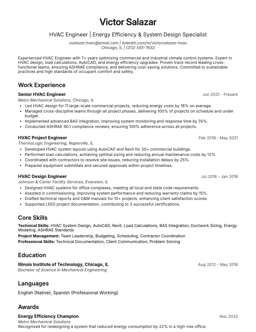 HVAC Engineer Resume Example