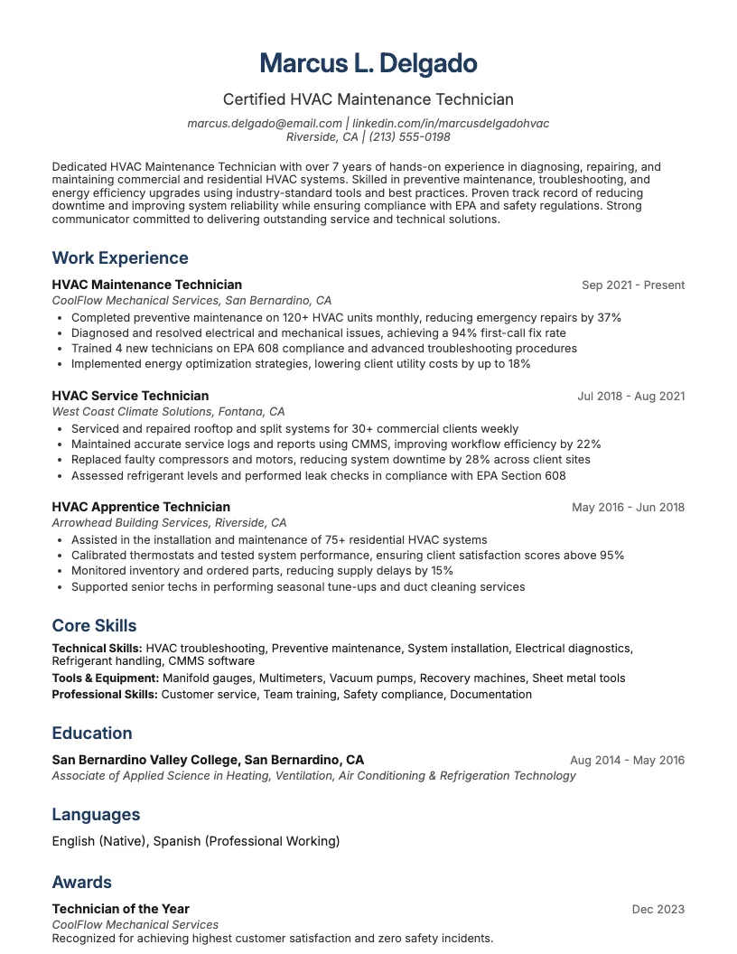 Hvac Maintenance Technician Resume Example