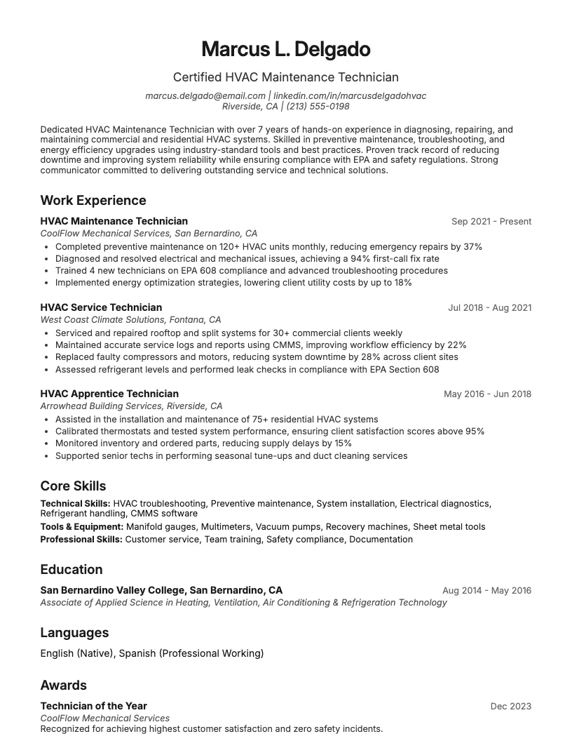 HVAC Maintenance Technician Resume Example