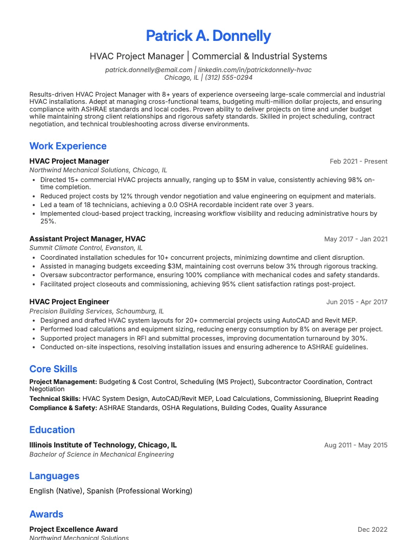 HVAC Project Manager Resume Example