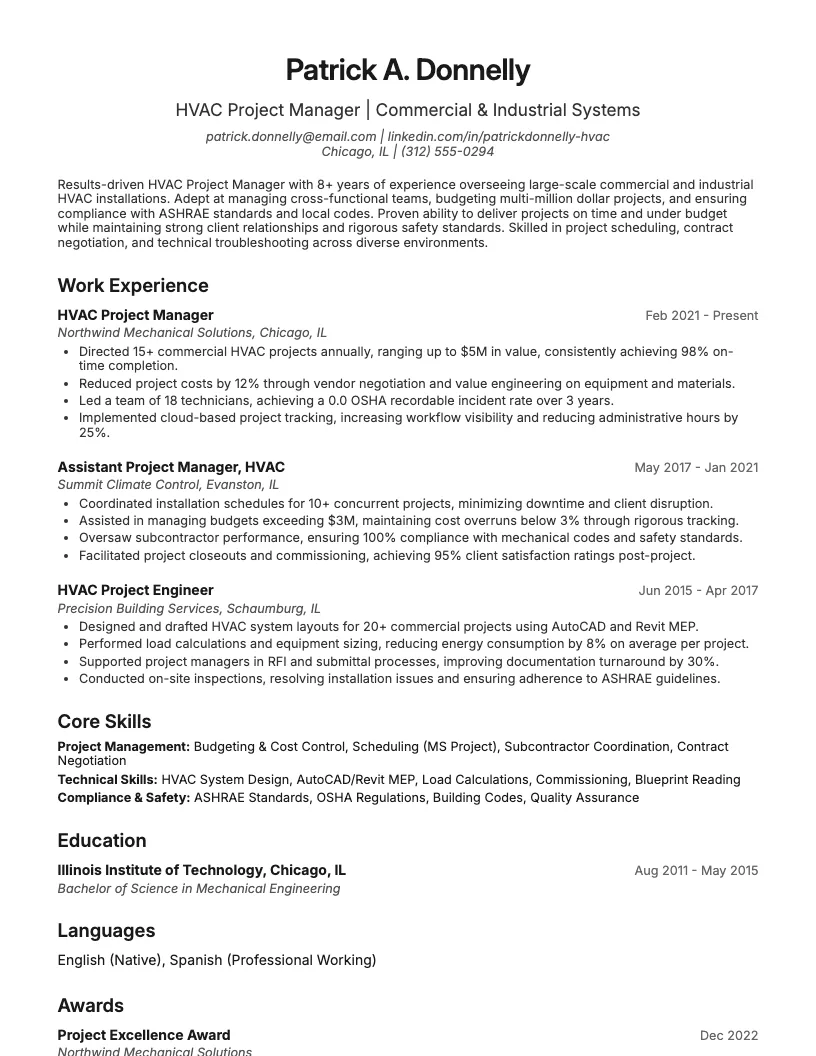 Hvac Project Manager Resume Example
