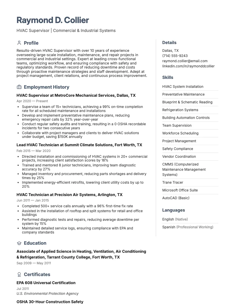 HVAC Supervisor Resume Example