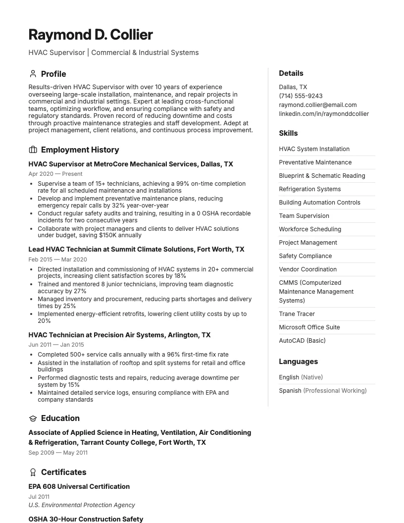 Hvac Supervisor Resume Example