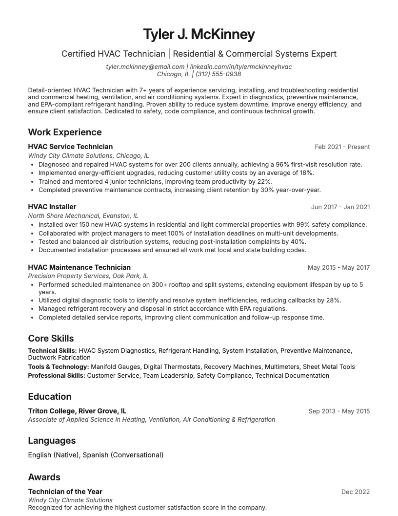 Hvac Technician Resume Example